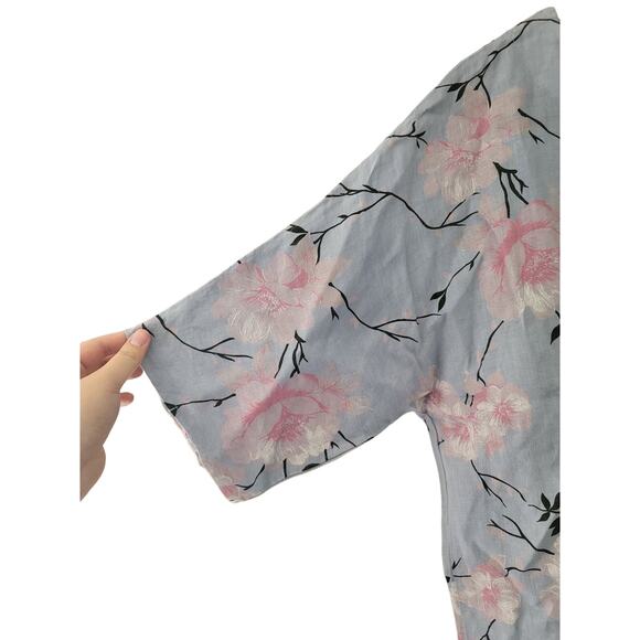 Luca Vanucci Floral Linen Blouse Size Medium Lagenlook Blossom Print Blue Pink - Picture 4 of 5